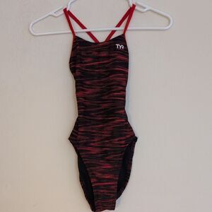 TYR Girl's Durafast Elite Fizzy Cutoutfit Swimsuit Black Orange - Size 24